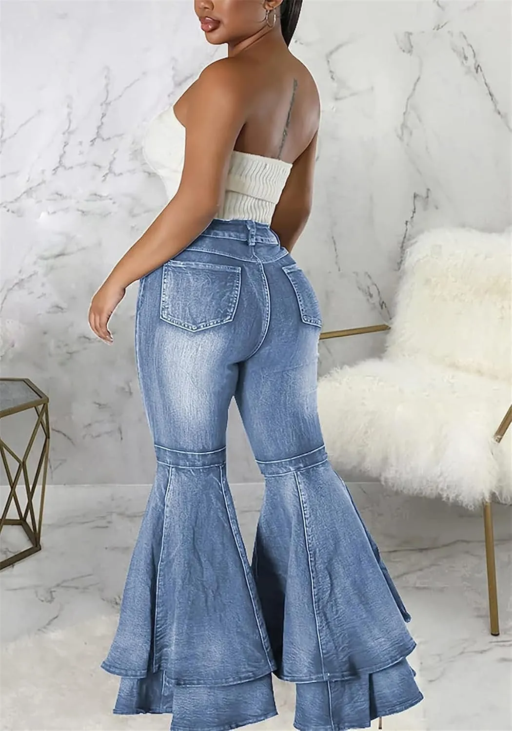 Cute Bell Bottom Jeans for Women High Waist Flare Jeans Patchwork Pleated Layered Ruffle Hem Wide Leg Denim Long Pants