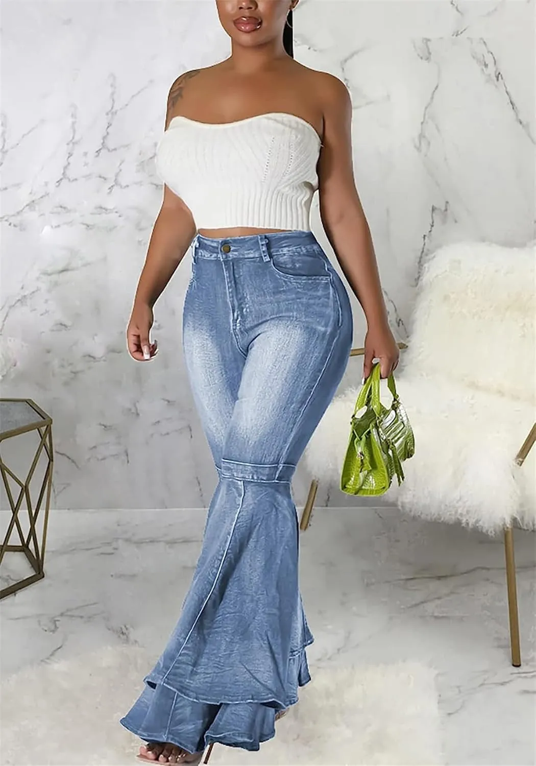 Cute Bell Bottom Jeans for Women High Waist Flare Jeans Patchwork Pleated Layered Ruffle Hem Wide Leg Denim Long Pants
