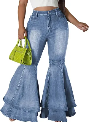 Cute Bell Bottom Jeans for Women High Waist Flare Jeans Patchwork Pleated Layered Ruffle Hem Wide Leg Denim Long Pants