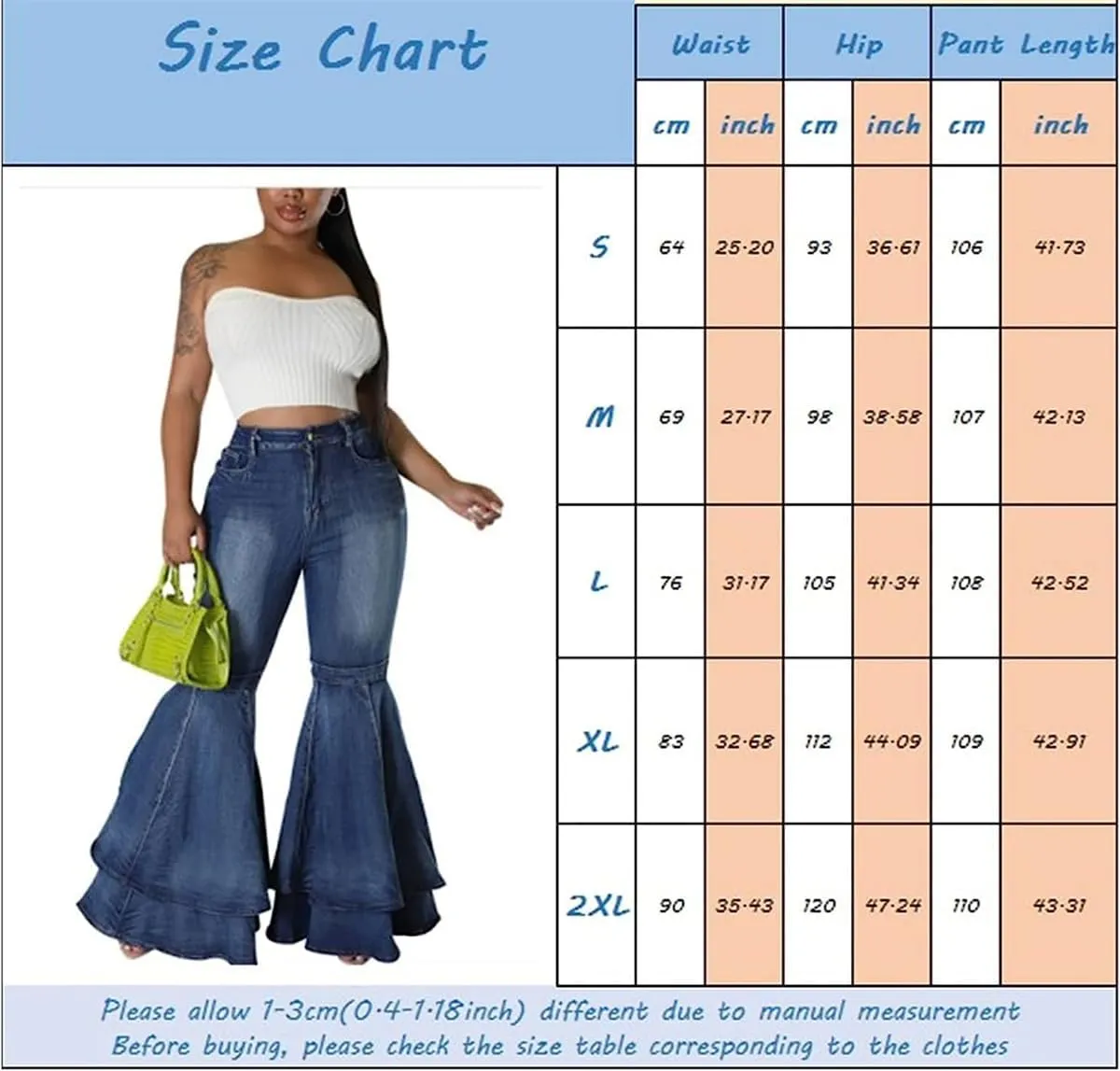 Cute Bell Bottom Jeans for Women High Waist Flare Jeans Patchwork Pleated Layered Ruffle Hem Wide Leg Denim Long Pants