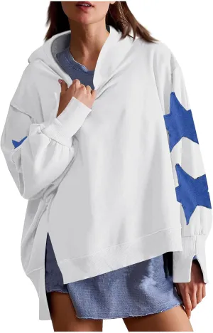 Cute Hoodies For Women Trendy 2024 Oversized Star Print Hooded Sweatshirt Side Slit Fall Pullover Tops y2k Clothes