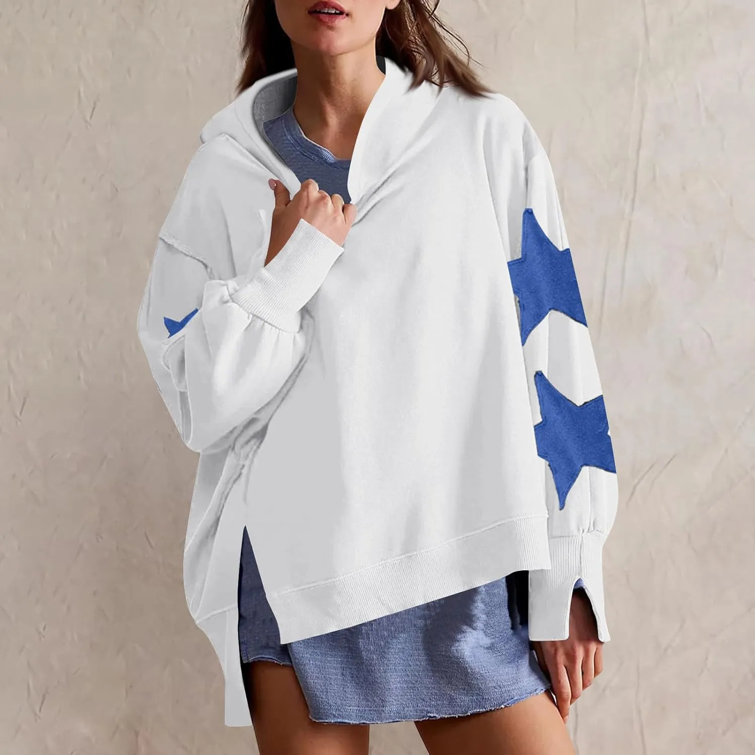 Cute Hoodies For Women Trendy 2024 Oversized Star Print Hooded Sweatshirt Side Slit Fall Pullover Tops y2k Clothes