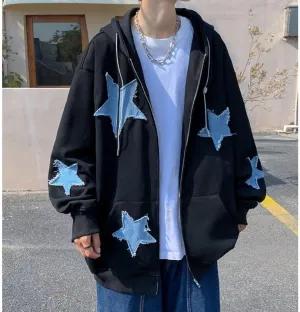 CYee Y2K Hoodie Women Grunge Stars Zip Up Sweatshirt Acubi Emo Oversized Hooded Jacket Harajuku Pullover Alt Clothing