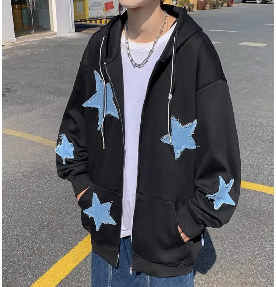CYee Y2K Hoodie Women Grunge Stars Zip Up Sweatshirt Acubi Emo Oversized Hooded Jacket Harajuku Pullover Alt Clothing