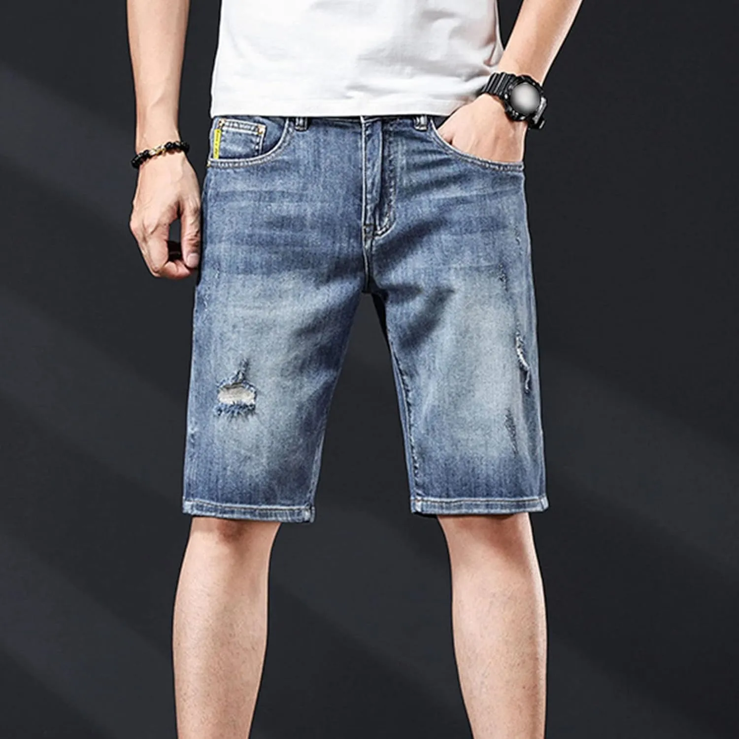 DGHM-JLMY Mens Ripped Stretch Slim Denim Shorts Slim Fit Stretch Short Jeans with Hole Fashion Casual Skinny Summer Jeans