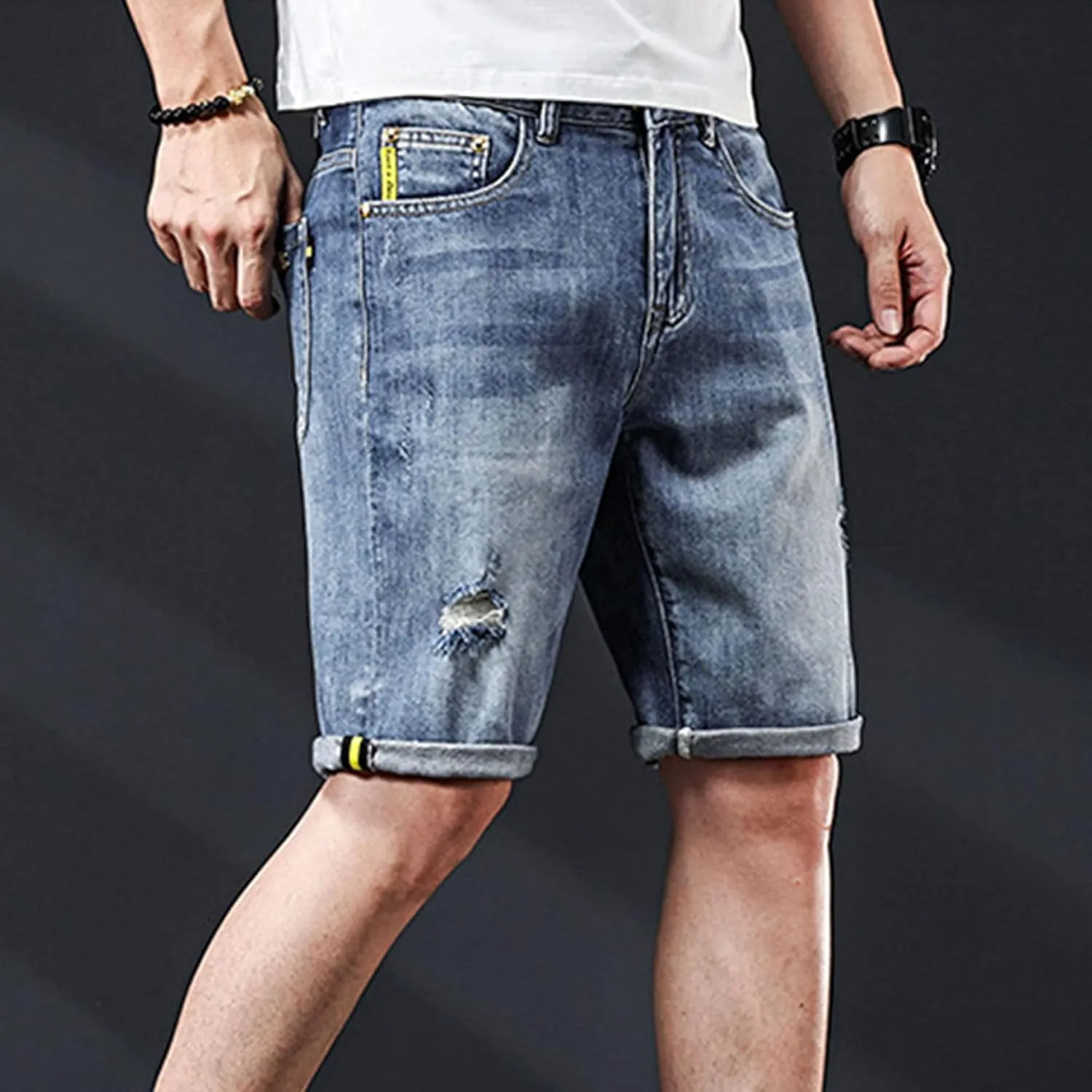 DGHM-JLMY Mens Ripped Stretch Slim Denim Shorts Slim Fit Stretch Short Jeans with Hole Fashion Casual Skinny Summer Jeans