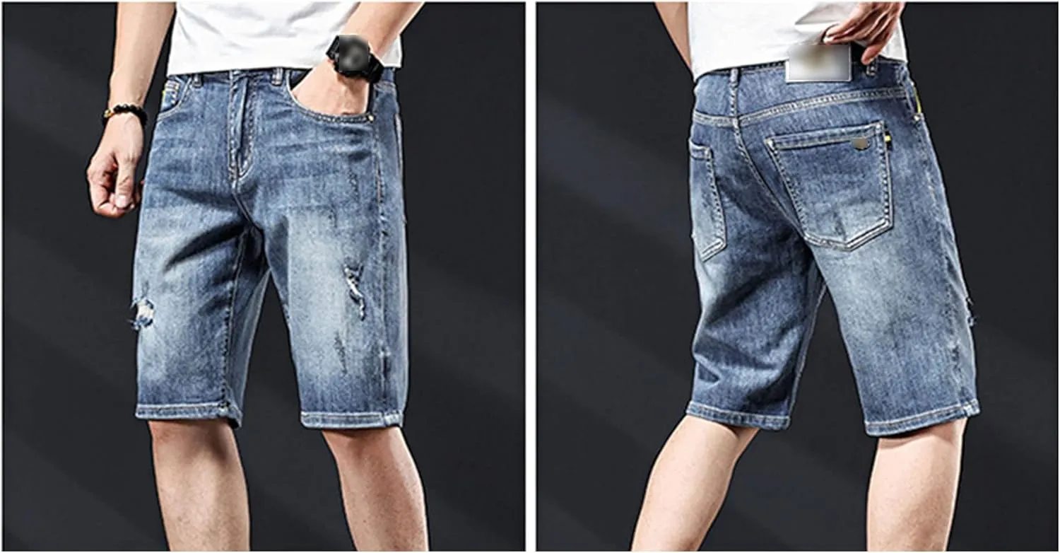 DGHM-JLMY Mens Ripped Stretch Slim Denim Shorts Slim Fit Stretch Short Jeans with Hole Fashion Casual Skinny Summer Jeans