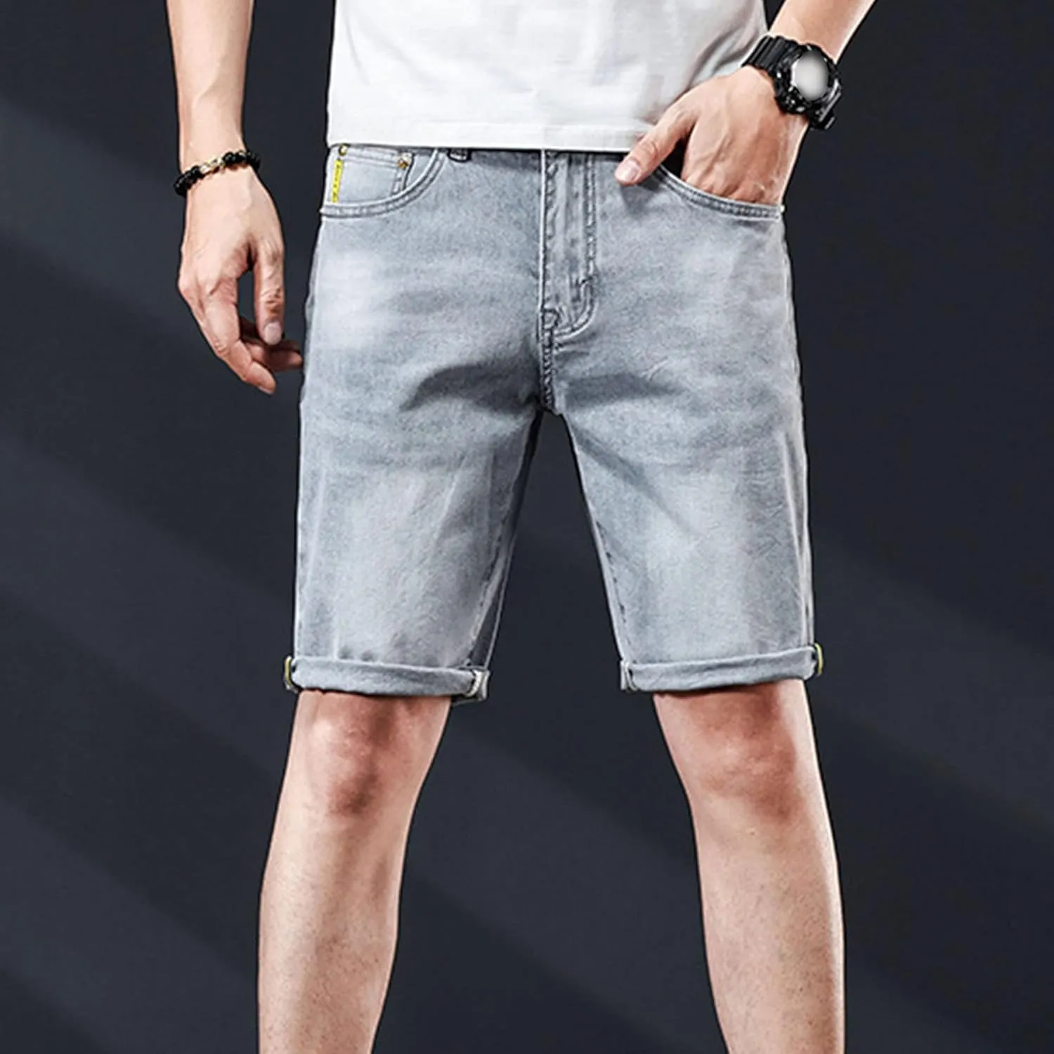 DGHM-JLMY Mens Ripped Stretch Slim Denim Shorts Slim Fit Stretch Short Jeans with Hole Fashion Casual Skinny Summer Jeans