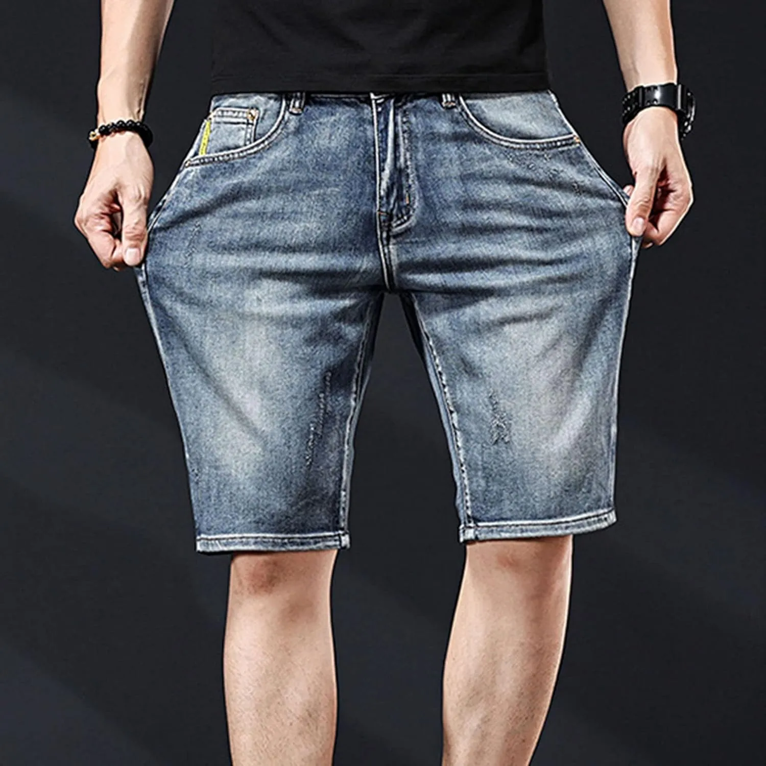 DGHM-JLMY Mens Ripped Stretch Slim Denim Shorts Slim Fit Stretch Short Jeans with Hole Fashion Casual Skinny Summer Jeans