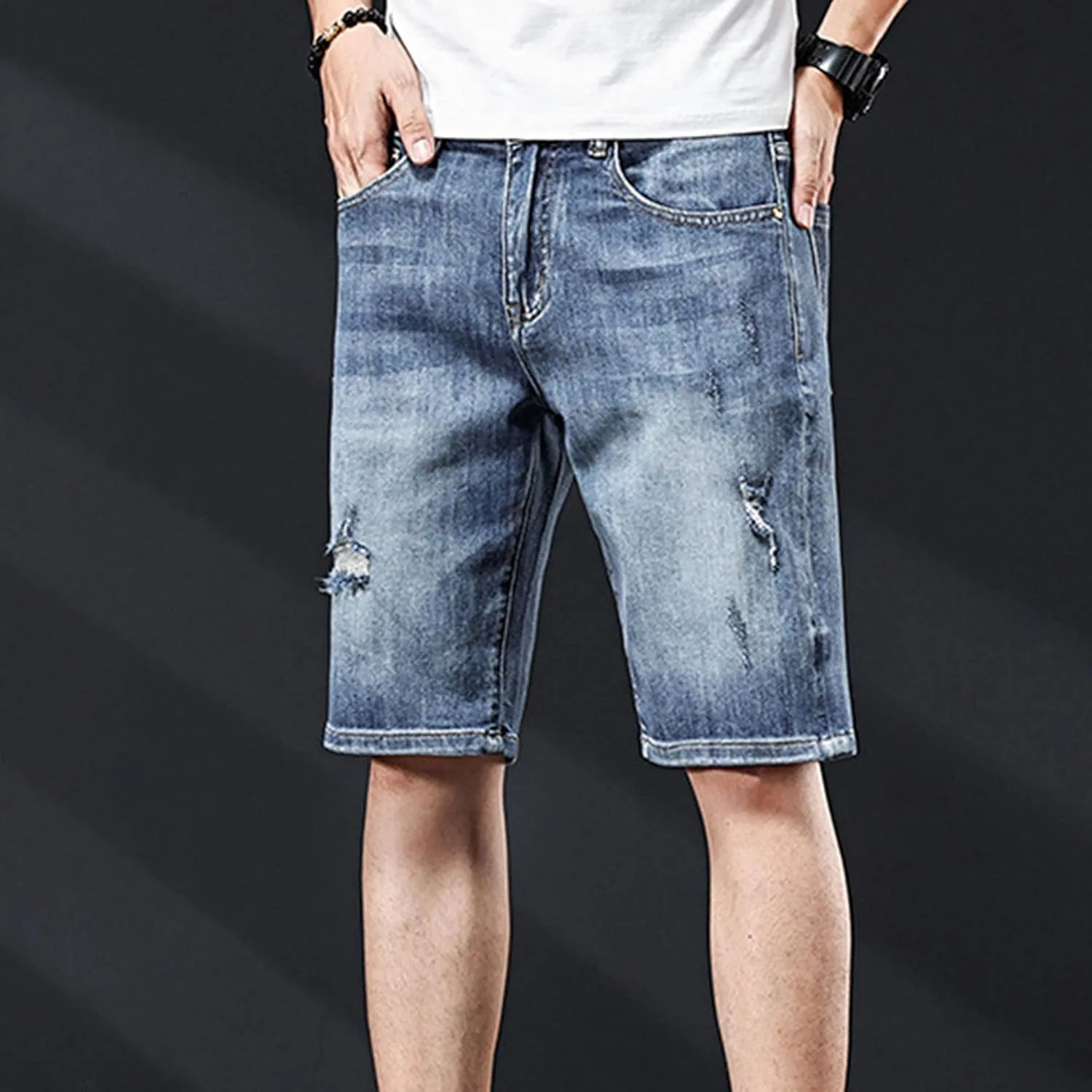 DGHM-JLMY Mens Ripped Stretch Slim Denim Shorts Slim Fit Stretch Short Jeans with Hole Fashion Casual Skinny Summer Jeans