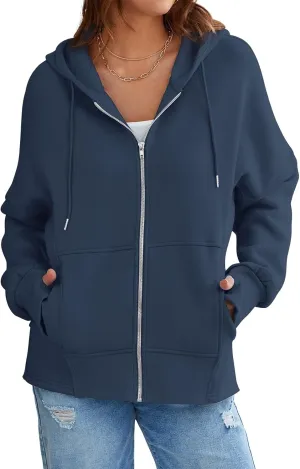 Dokotoo Womens Casual Drawstring Zip Up Thick Hoodies Long Sleeve Fleece Sweatshirts Solid Jacket Coat with Pockets