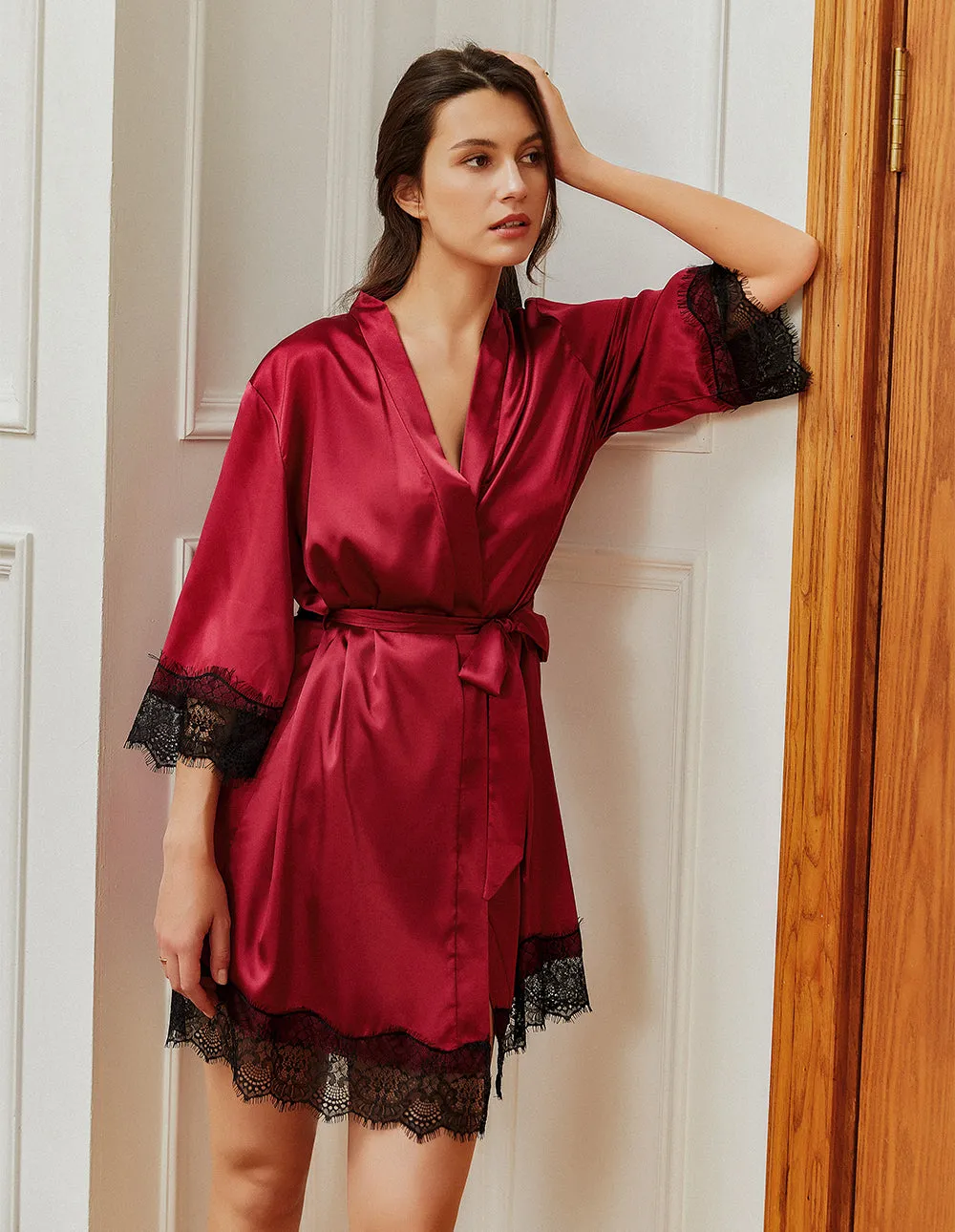 Ekouaer Floral Lace Trim Satin Pajama Set (US Only)