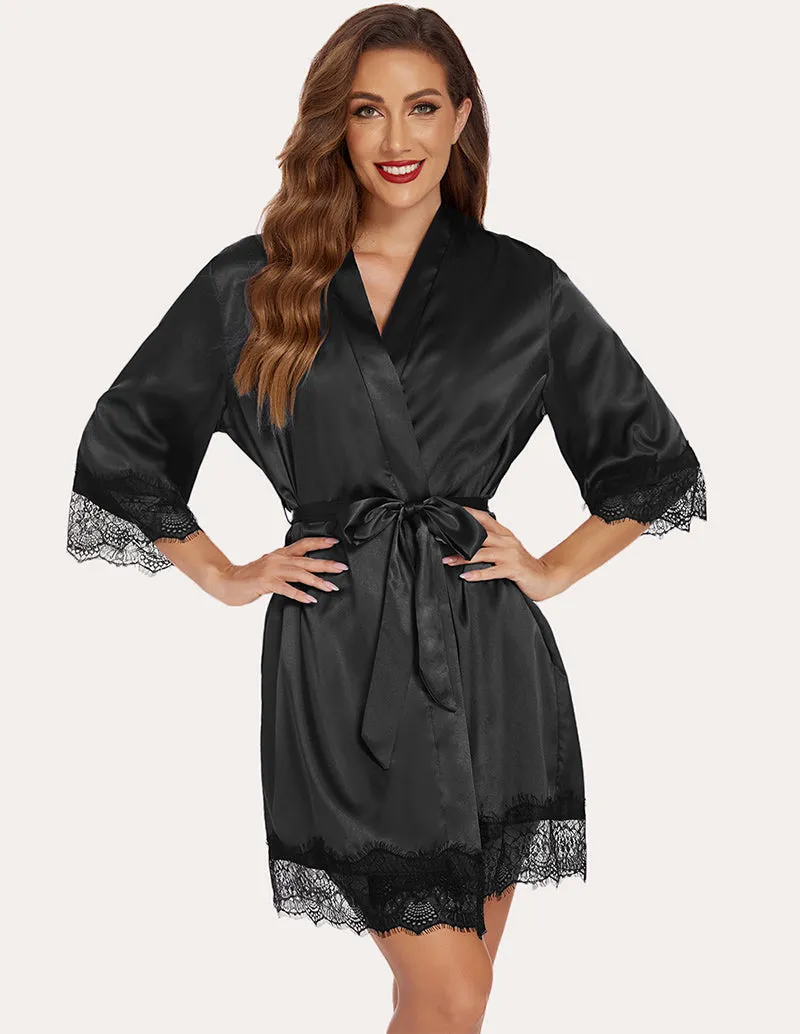 Ekouaer Floral Lace Trim Satin Pajama Set (US Only)