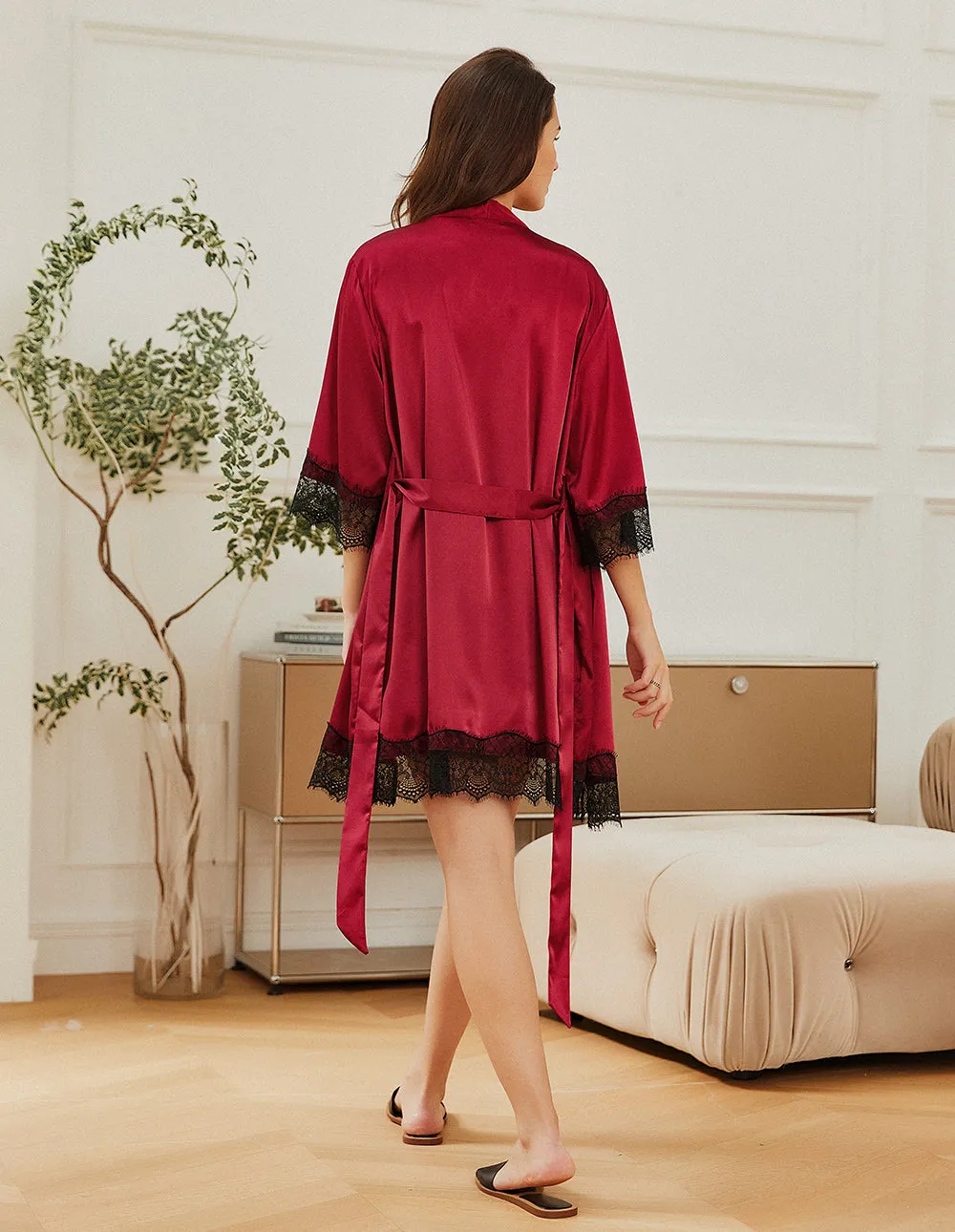 Ekouaer Floral Lace Trim Satin Pajama Set (US Only)