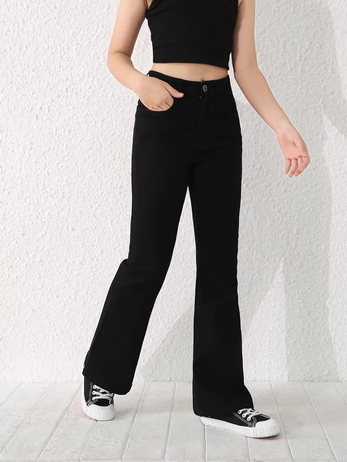 Floerns Girls Casual Denim Pants High Waist Flare Leg Jeans with Pocket