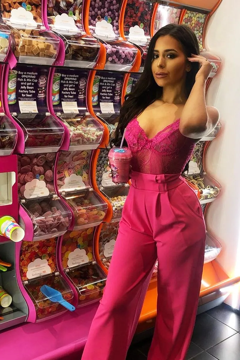Fuchsia High Waist Paper Bag Buckle Belt Trousers - Ivyonna