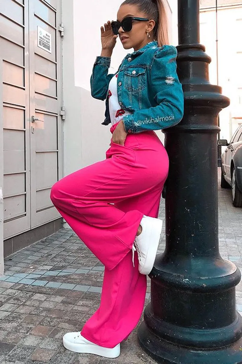 Fuchsia High Waist Paper Bag Buckle Belt Trousers - Ivyonna