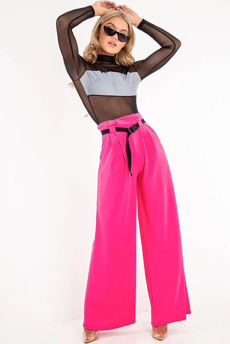 Fuchsia High Waist Paper Bag Buckle Belt Trousers - Ivyonna