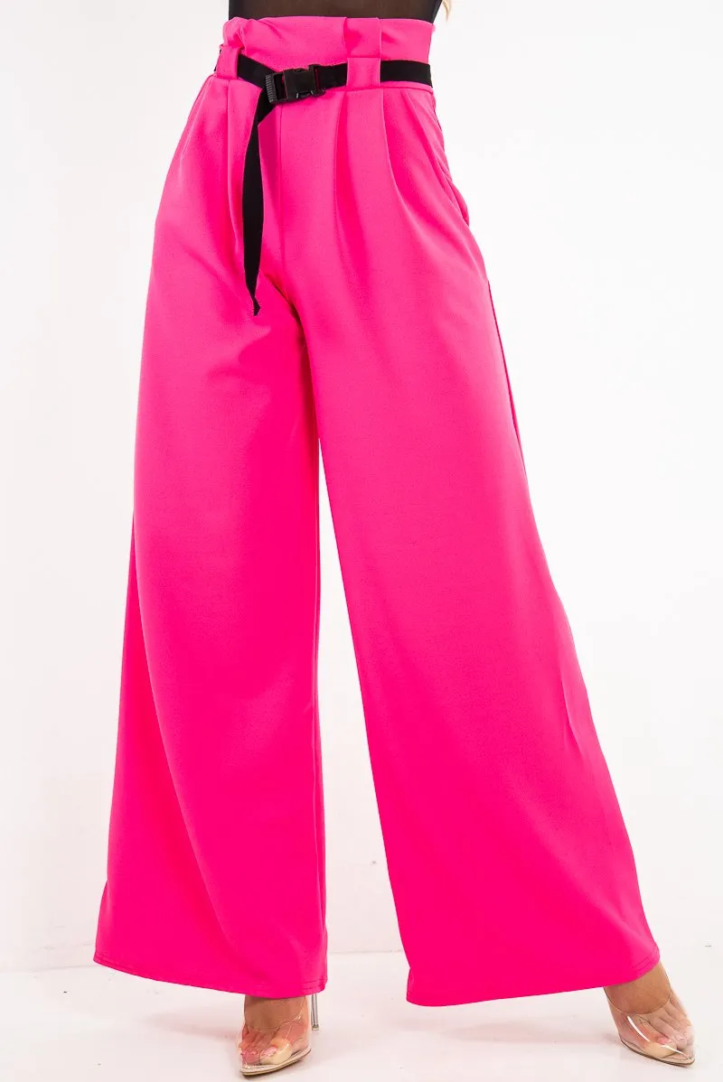 Fuchsia High Waist Paper Bag Buckle Belt Trousers - Ivyonna