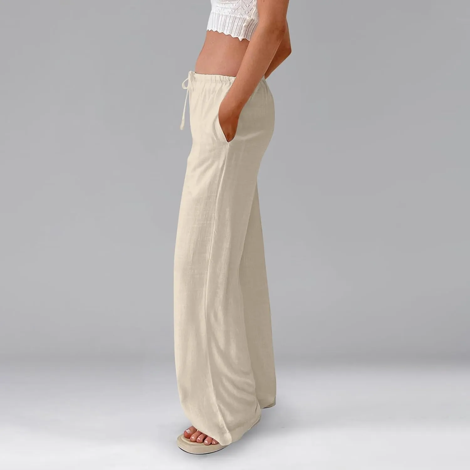 GOFULY Wide Leg Pants for Women Linen Beach Western Summer Drawstring Elastic Waist Pants High Waist Pockets Solid Outfits