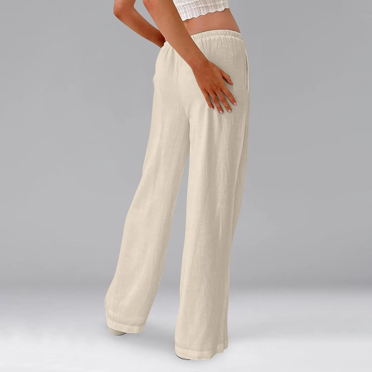 GOFULY Wide Leg Pants for Women Linen Beach Western Summer Drawstring Elastic Waist Pants High Waist Pockets Solid Outfits