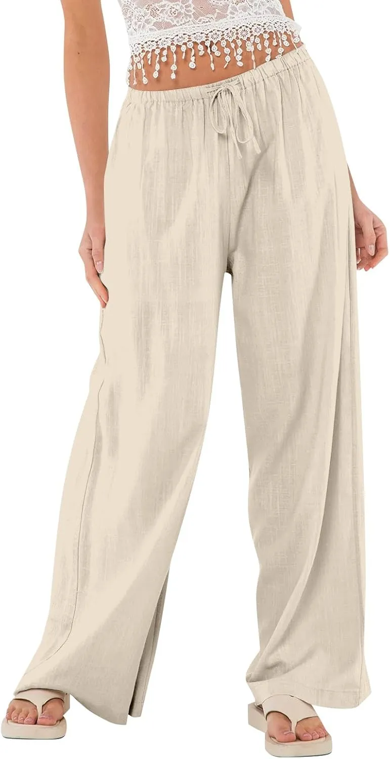 GOFULY Wide Leg Pants for Women Linen Beach Western Summer Drawstring Elastic Waist Pants High Waist Pockets Solid Outfits