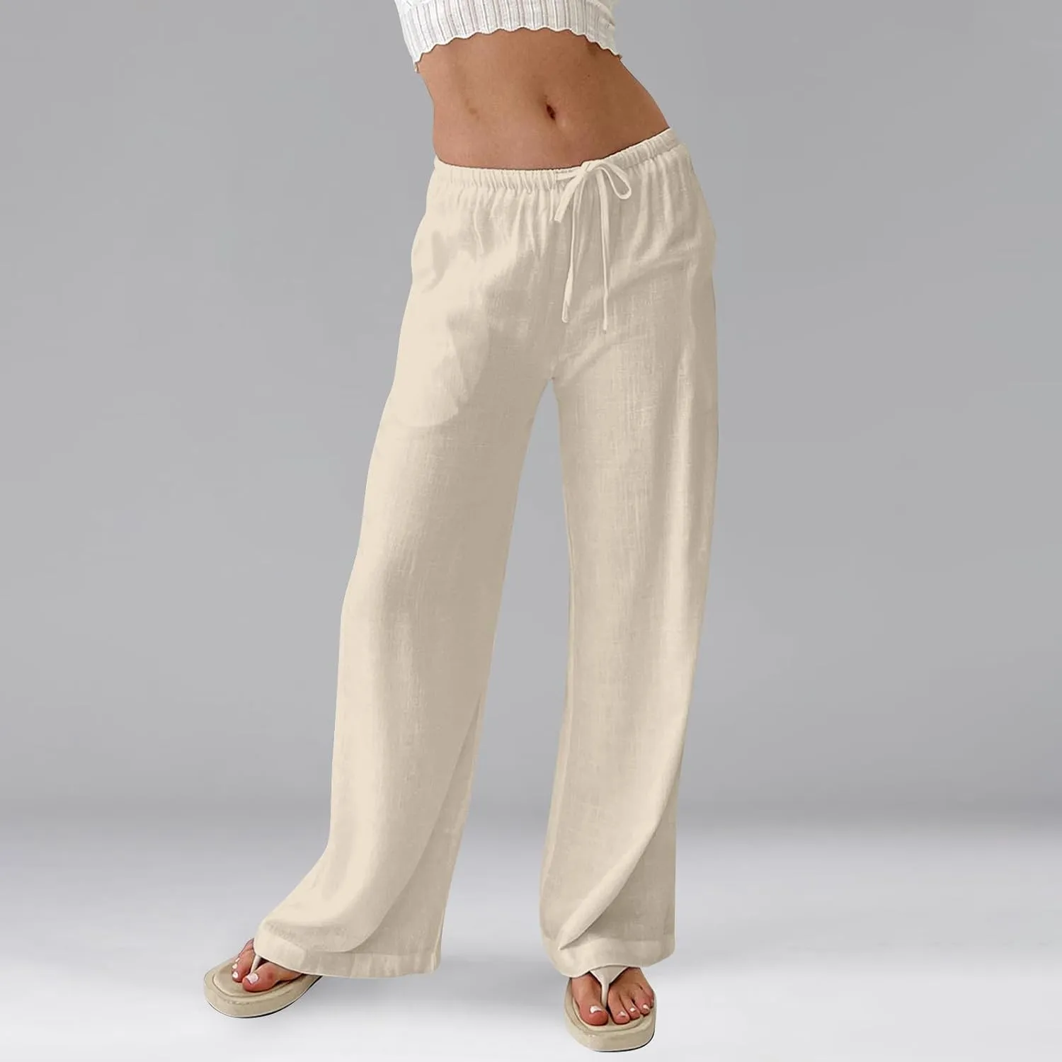 GOFULY Wide Leg Pants for Women Linen Beach Western Summer Drawstring Elastic Waist Pants High Waist Pockets Solid Outfits