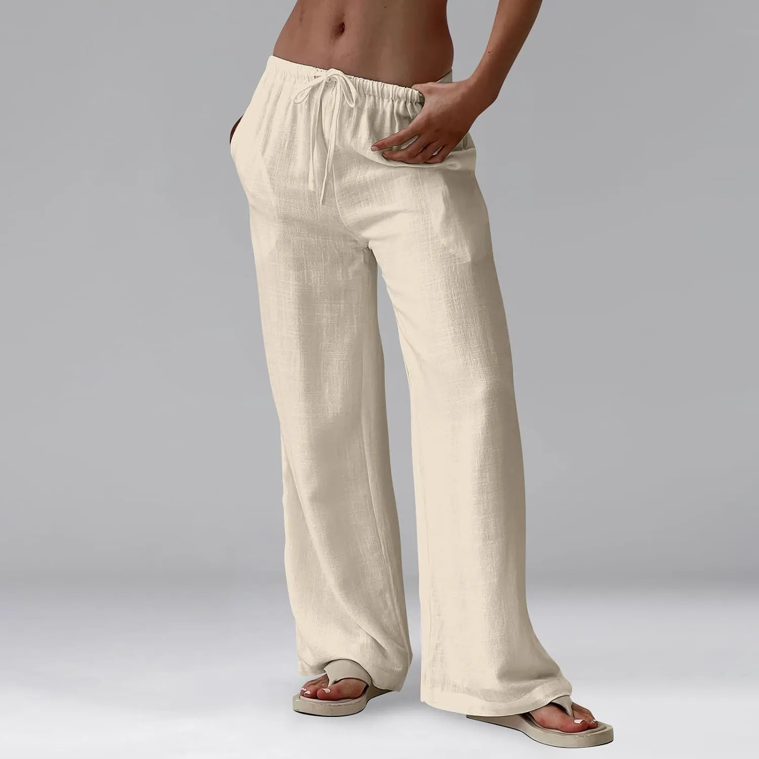 GOFULY Wide Leg Pants for Women Linen Beach Western Summer Drawstring Elastic Waist Pants High Waist Pockets Solid Outfits