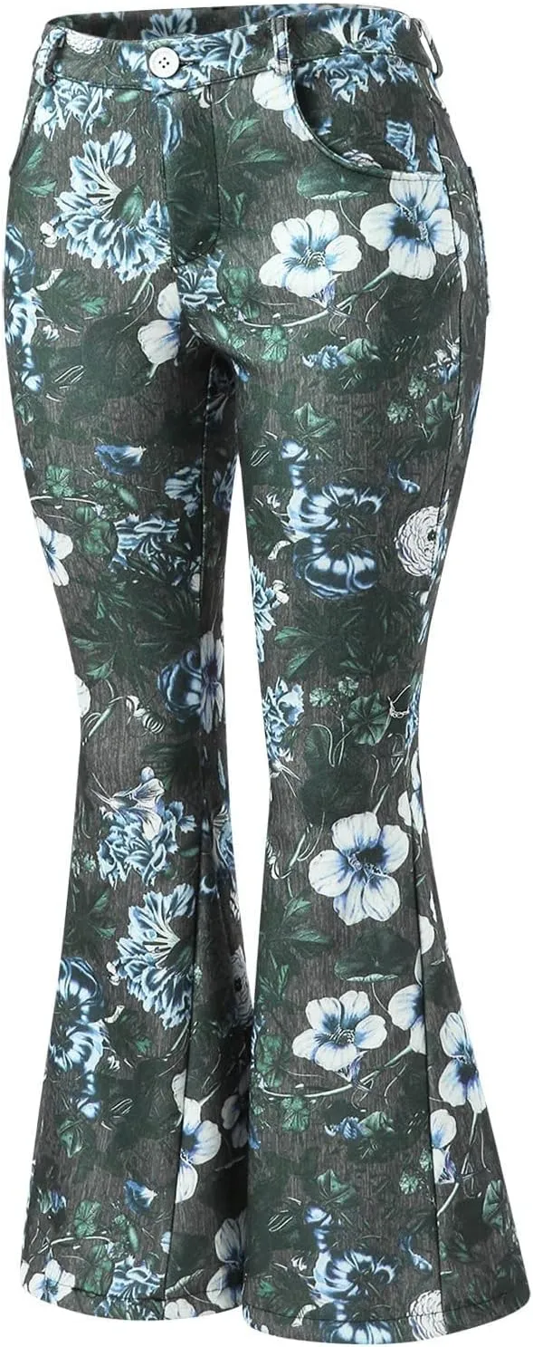 High Waisted Bell Bottom Jeans for Women Retro Floral Zipper Slim Wide Leg Bootcut Denim Pants Pull On Flare Jeans