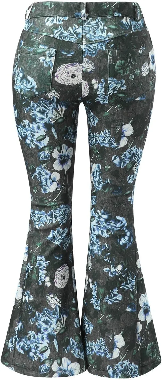 High Waisted Bell Bottom Jeans for Women Retro Floral Zipper Slim Wide Leg Bootcut Denim Pants Pull On Flare Jeans