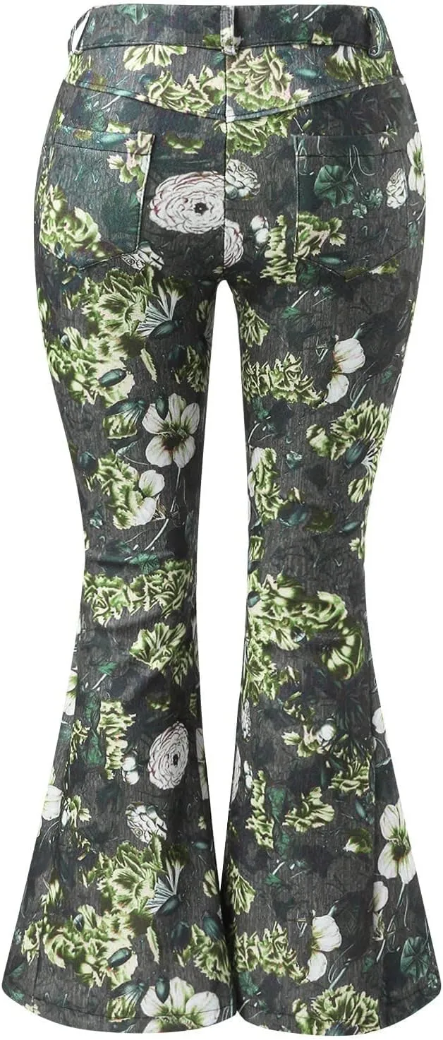 High Waisted Bell Bottom Jeans for Women Retro Floral Zipper Slim Wide Leg Bootcut Denim Pants Pull On Flare Jeans