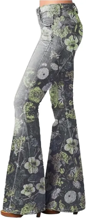High Waisted Bell Bottom Jeans for Women Retro Floral Zipper Slim Wide Leg Bootcut Denim Pants Pull On Flare Jeans