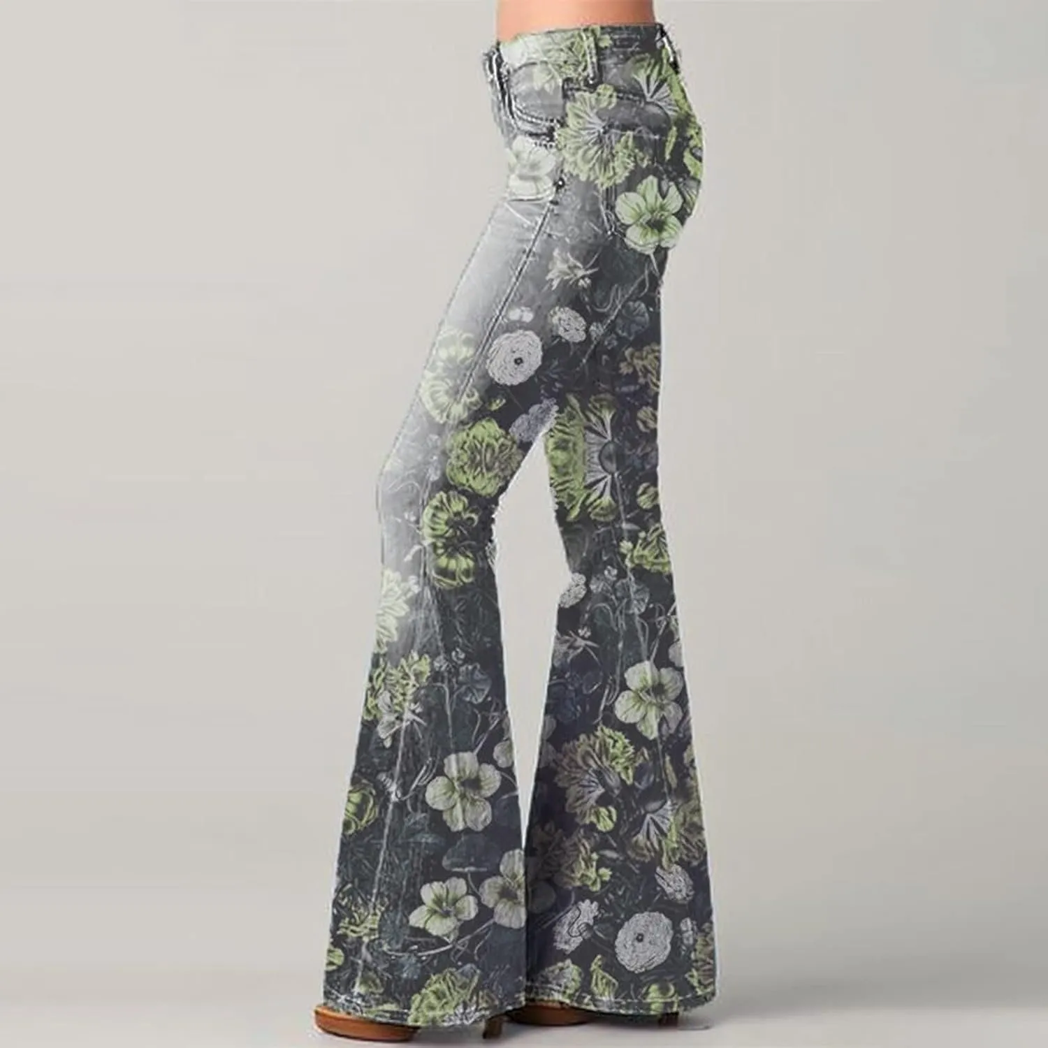 High Waisted Bell Bottom Jeans for Women Retro Floral Zipper Slim Wide Leg Bootcut Denim Pants Pull On Flare Jeans