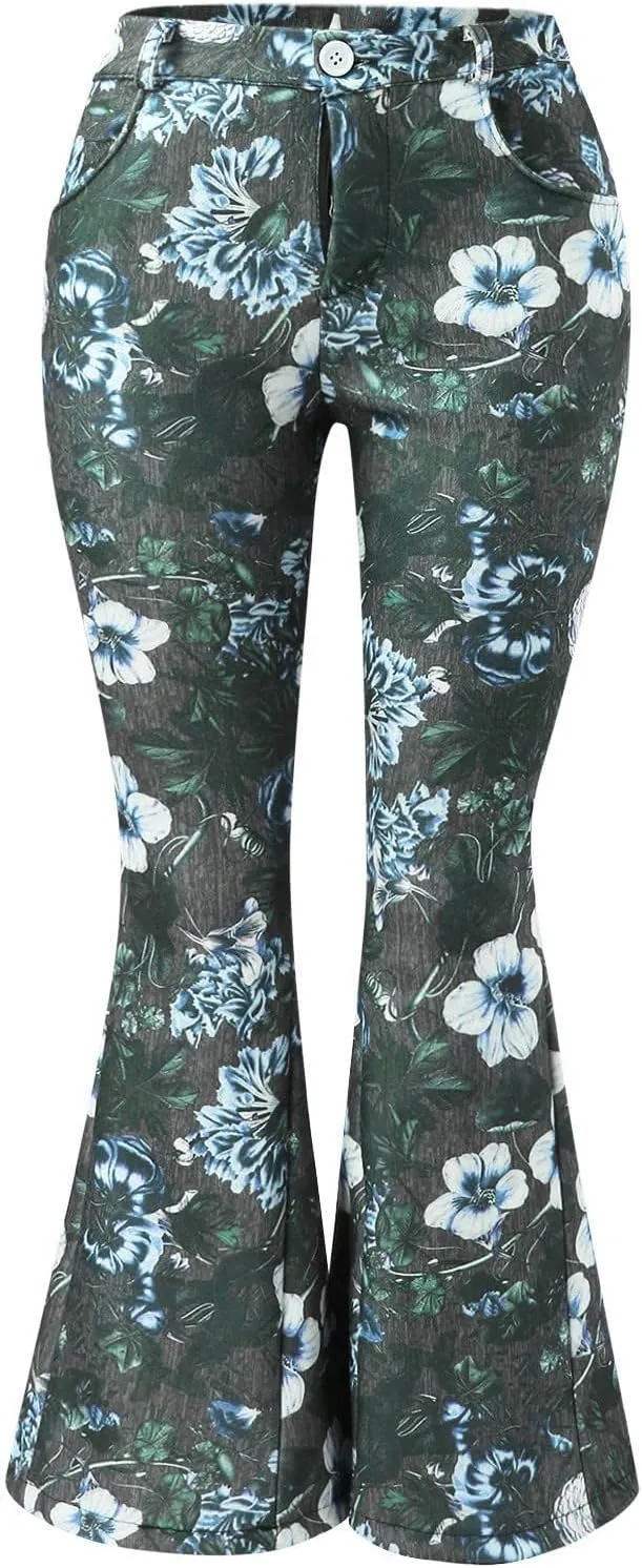 High Waisted Bell Bottom Jeans for Women Retro Floral Zipper Slim Wide Leg Bootcut Denim Pants Pull On Flare Jeans