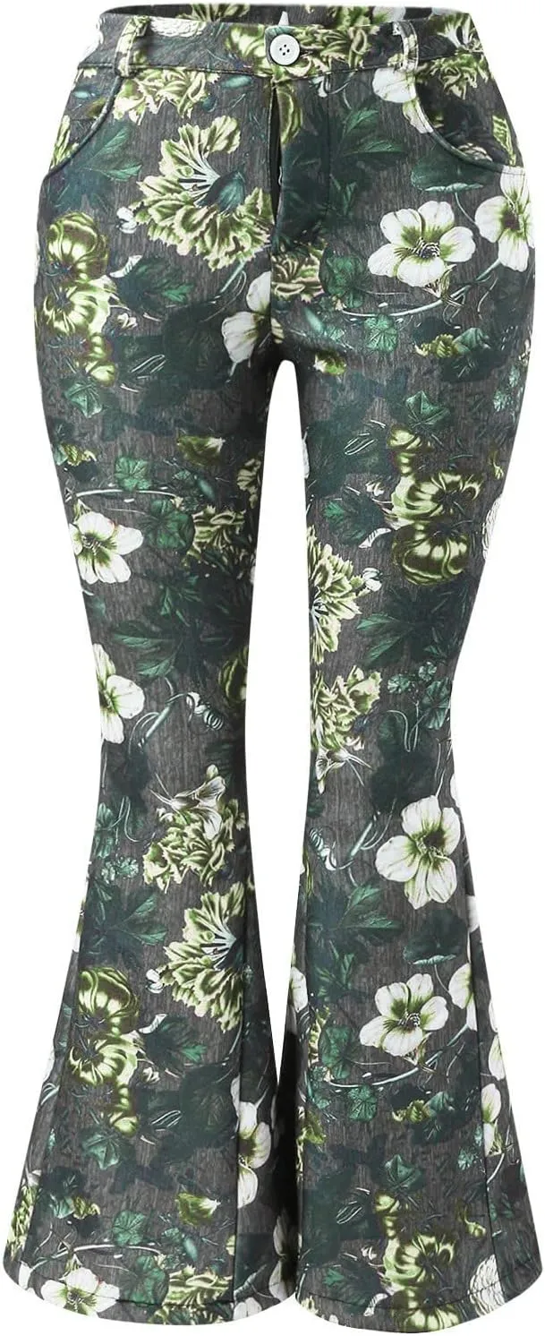 High Waisted Bell Bottom Jeans for Women Retro Floral Zipper Slim Wide Leg Bootcut Denim Pants Pull On Flare Jeans