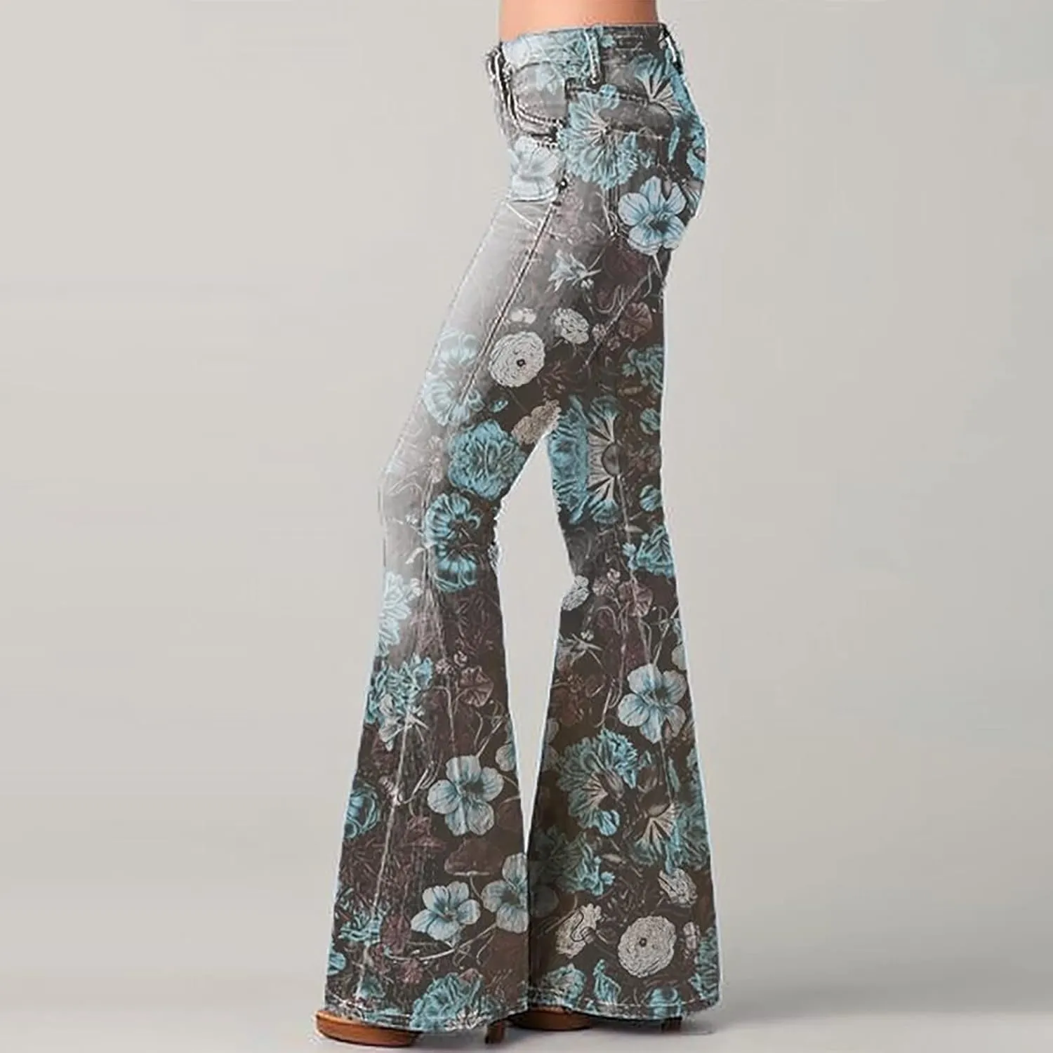 High Waisted Bell Bottom Jeans for Women Retro Floral Zipper Slim Wide Leg Bootcut Denim Pants Pull On Flare Jeans