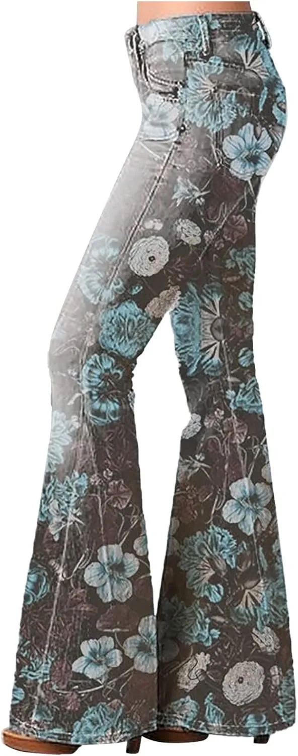 High Waisted Bell Bottom Jeans for Women Retro Floral Zipper Slim Wide Leg Bootcut Denim Pants Pull On Flare Jeans