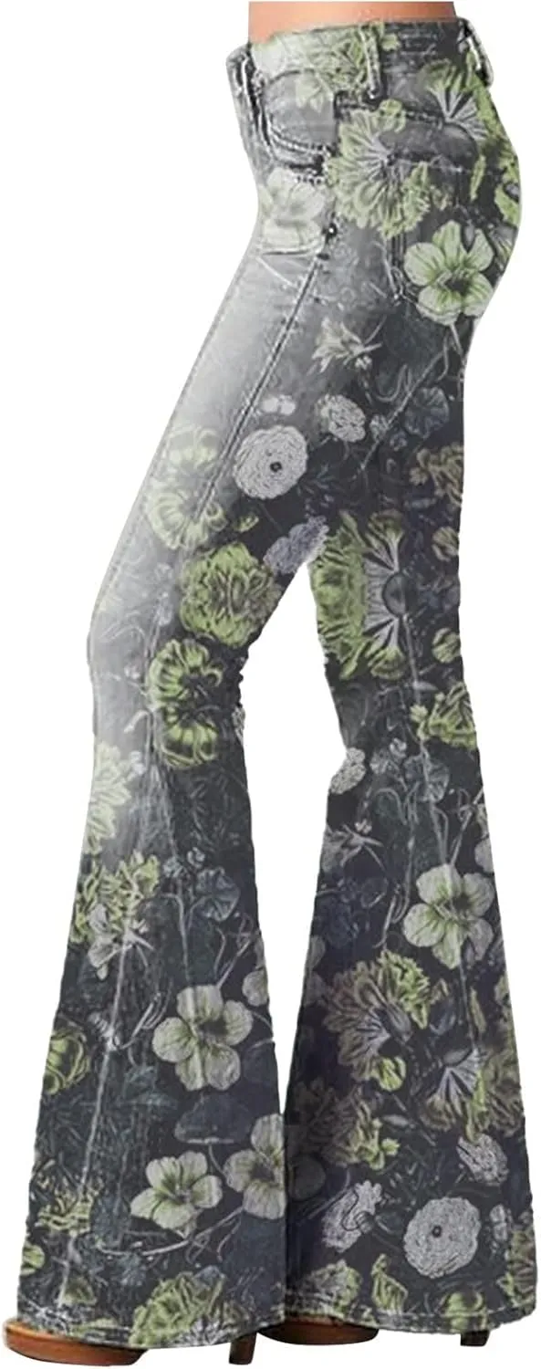 High Waisted Bell Bottom Jeans for Women Retro Floral Zipper Slim Wide Leg Bootcut Denim Pants Pull On Flare Jeans
