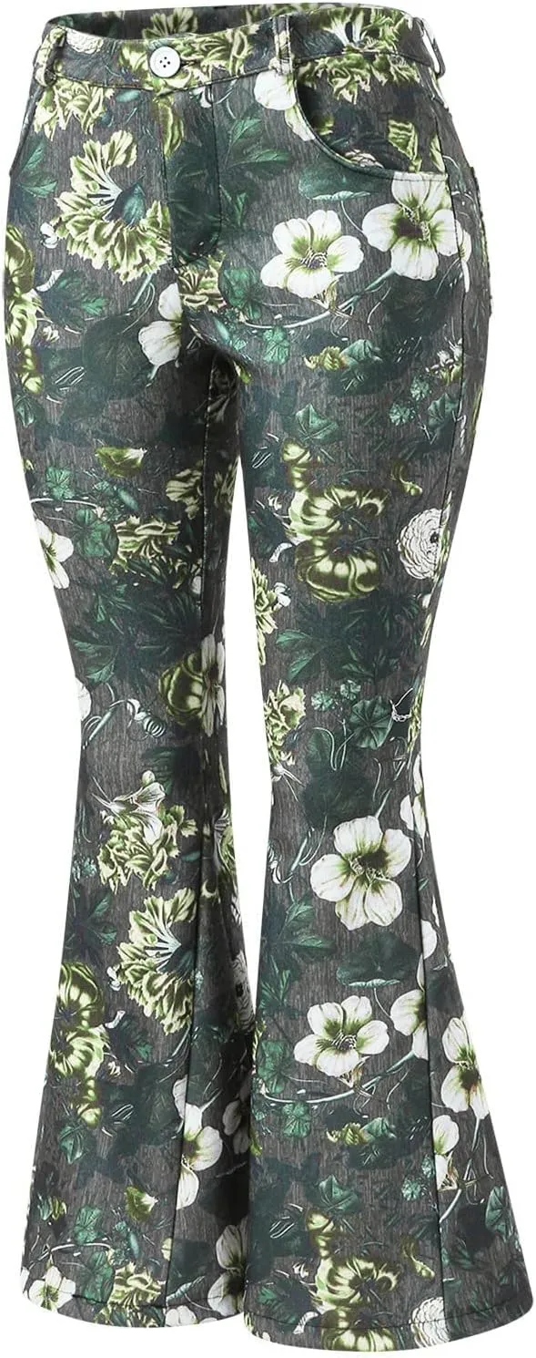 High Waisted Bell Bottom Jeans for Women Retro Floral Zipper Slim Wide Leg Bootcut Denim Pants Pull On Flare Jeans