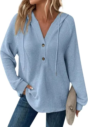 Hoodies for Women Comfy V Neck Waffle Knit Hooded Sweatshirts Drawstring Casual Long Sleeve Fall Pullover Sweaters