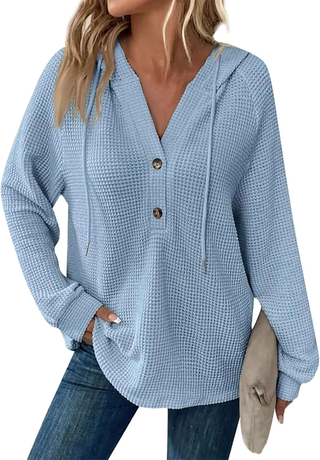 Hoodies for Women Comfy V Neck Waffle Knit Hooded Sweatshirts Drawstring Casual Long Sleeve Fall Pullover Sweaters