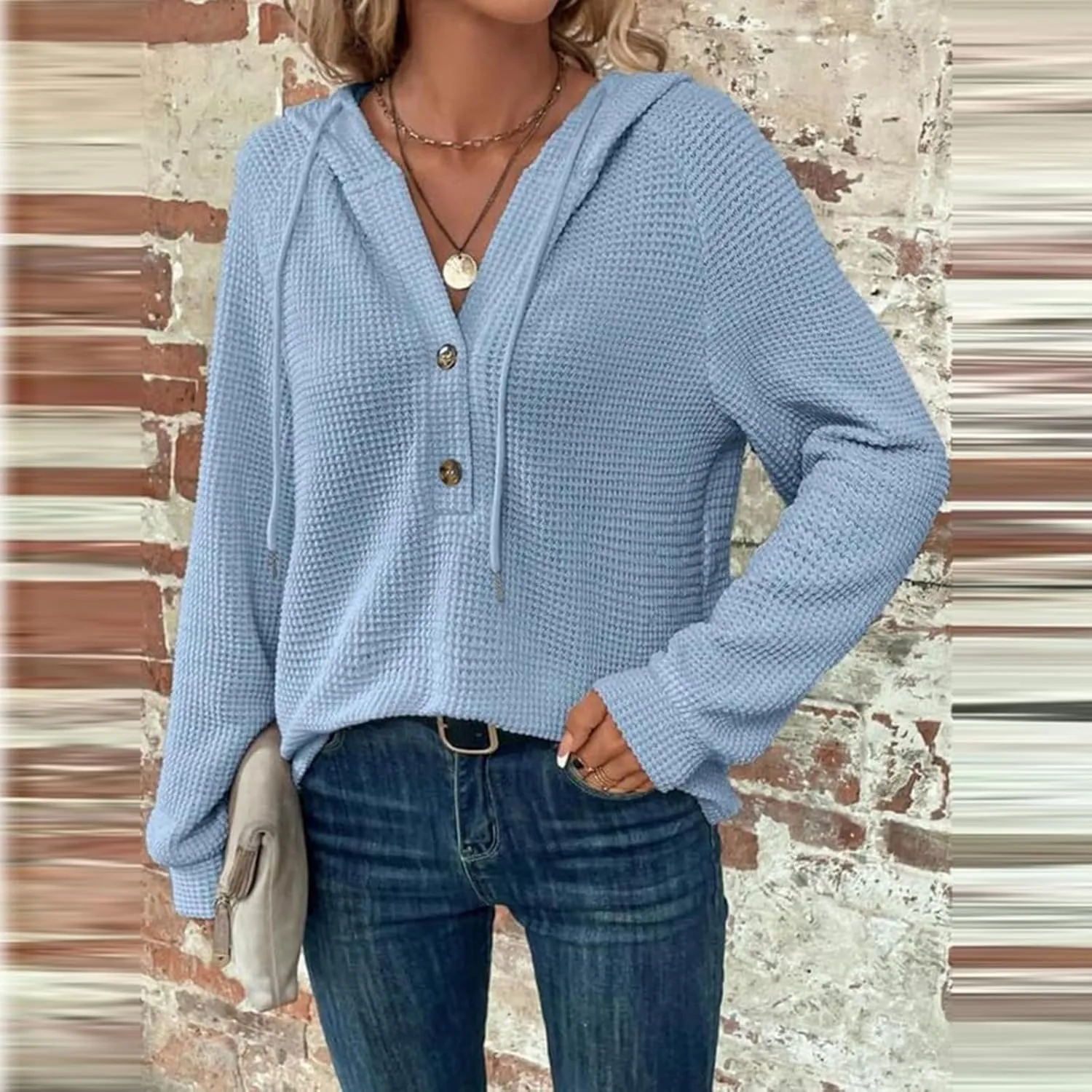 Hoodies for Women Comfy V Neck Waffle Knit Hooded Sweatshirts Drawstring Casual Long Sleeve Fall Pullover Sweaters