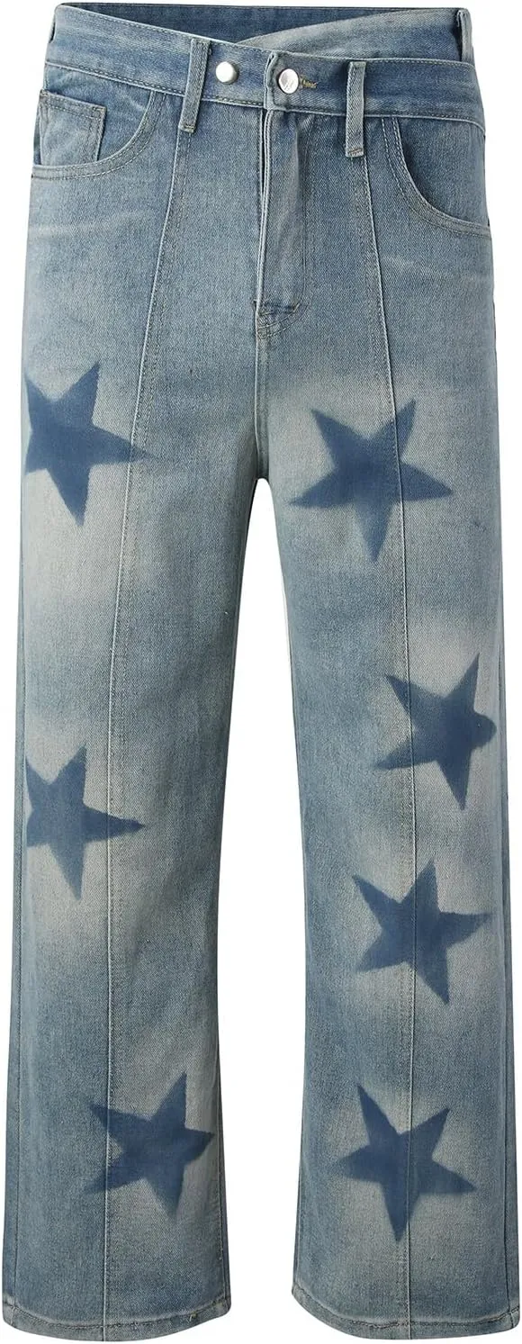 Jeans for Men Baggy Cargo Pants Y2K Star Graphic High Street Straight Wide Leg Jeans 90s Vintage Baggy Cargo Denim Trousers
