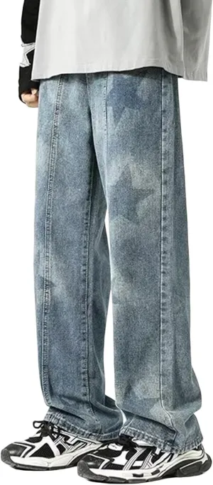 Jeans for Men Baggy Cargo Pants Y2K Star Graphic High Street Straight Wide Leg Jeans 90s Vintage Baggy Cargo Denim Trousers