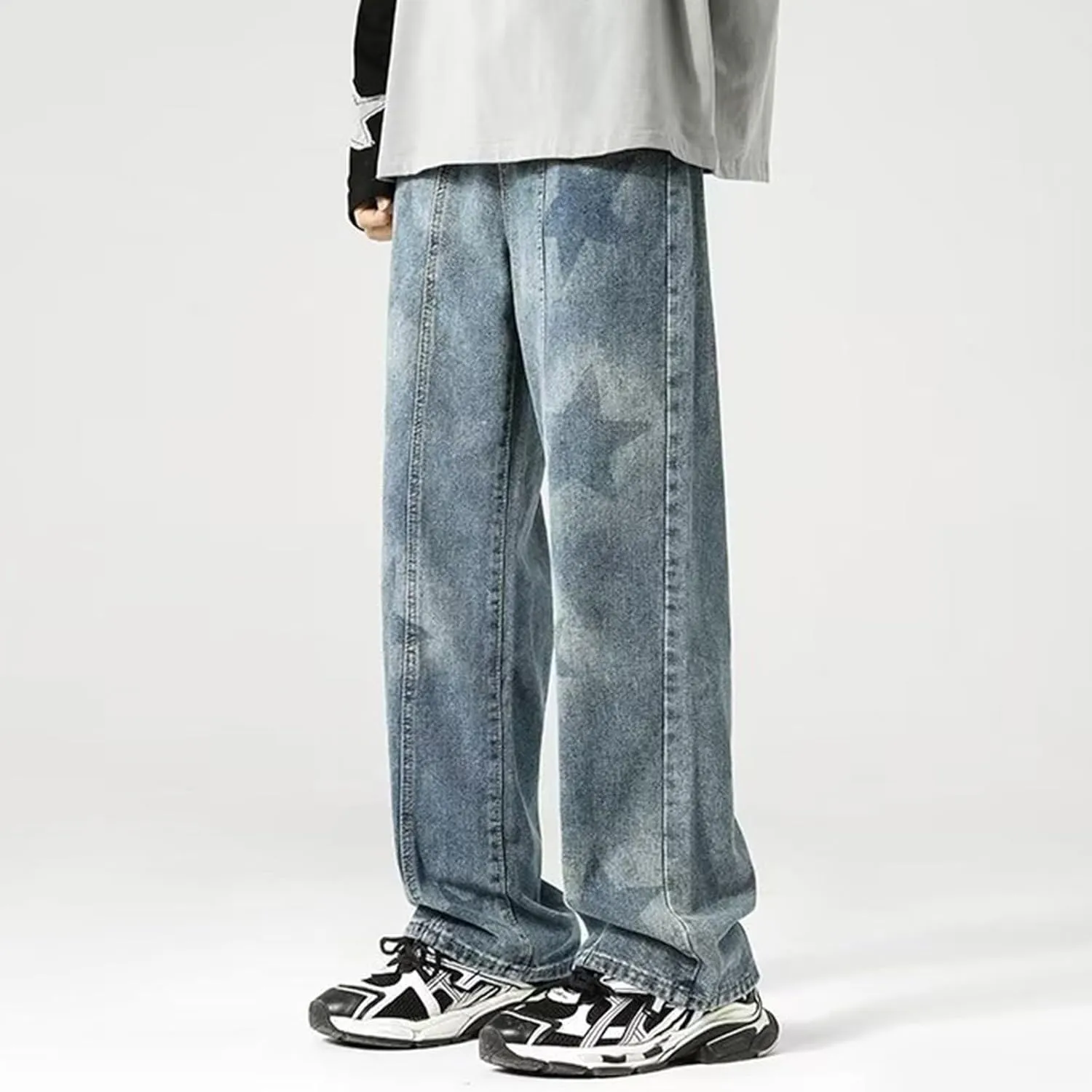 Jeans for Men Baggy Cargo Pants Y2K Star Graphic High Street Straight Wide Leg Jeans 90s Vintage Baggy Cargo Denim Trousers