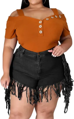 JEKE-DG Women's Plus Size Fringe Raw Hem Denim Shorts High Waisted Tassels Stretchy Hem Short Jeans Clubwear Jeans Short
