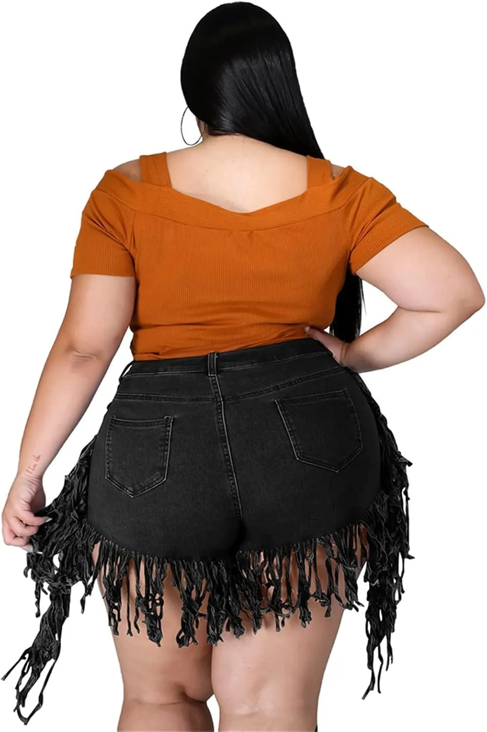 JEKE-DG Women's Plus Size Fringe Raw Hem Denim Shorts High Waisted Tassels Stretchy Hem Short Jeans Clubwear Jeans Short