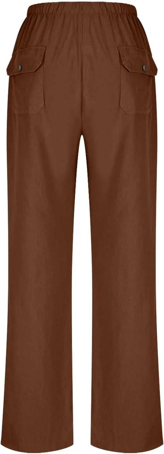 Lmdudan Plus Size Women Linen Pants Wide Leg Palazzo Pant Cotton Linen Drawstring Summer Lightweight Trousers with Pockets