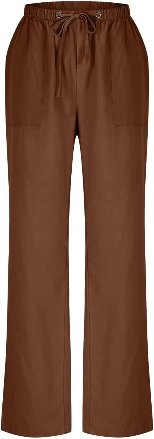 Lmdudan Plus Size Women Linen Pants Wide Leg Palazzo Pant Cotton Linen Drawstring Summer Lightweight Trousers with Pockets