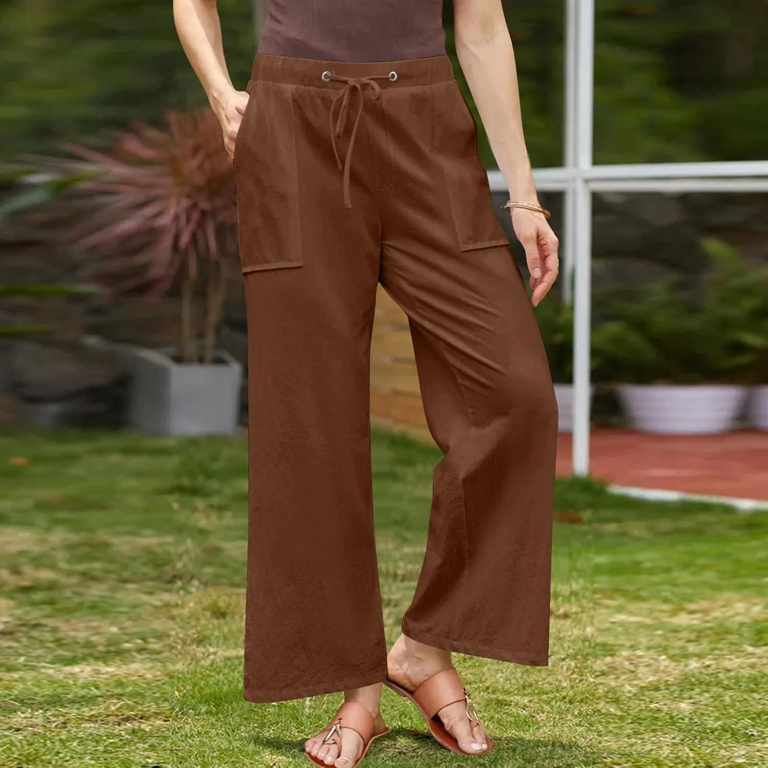 Lmdudan Plus Size Women Linen Pants Wide Leg Palazzo Pant Cotton Linen Drawstring Summer Lightweight Trousers with Pockets